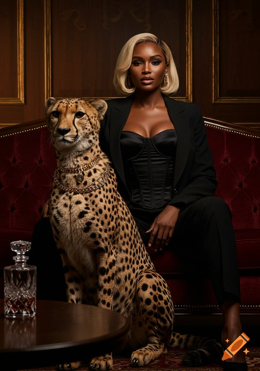 A powerful woman in a black pantsuit and corset sits beside a cheetah wearing gold chains, on a red velvet sofa in a luxurious lounge.