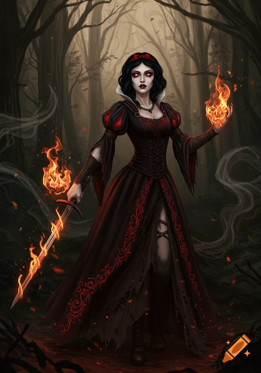 A dark-haired woman with pale skin and red eyes in a black and red gothic dress, wielding a flaming sword and magic in a dark forest.