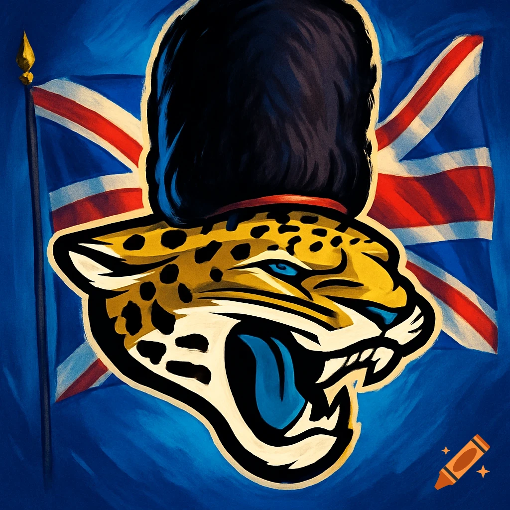 Stylized illustration of a Jacksonville Jaguar logo wearing a British bearskin hat, set against a Union Jack flag.