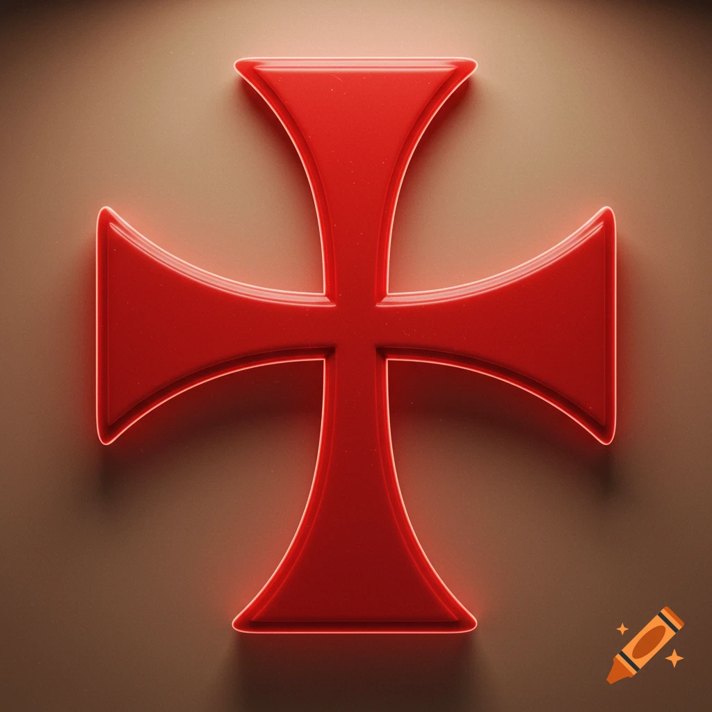 A glossy red cross pattée with a subtle glowing outline, centered on a light brown background.