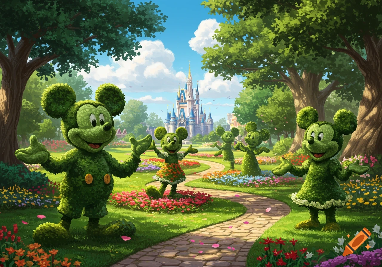 Mickey and Minnie Mouse topiaries in a vibrant garden with a Disney castle in the background.