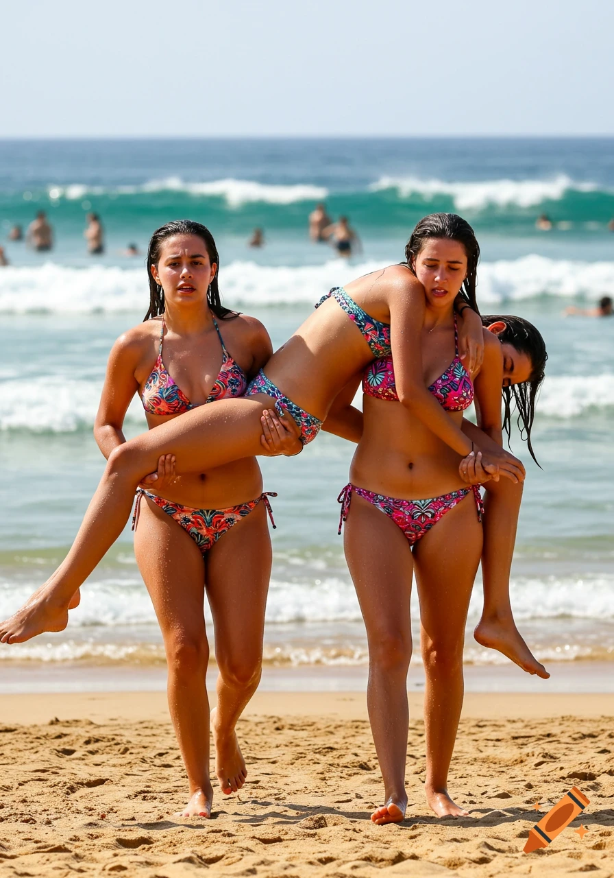 Two young women in bikinis carry a third fainted woman along a sandy beach with ocean waves in a photorealistic style.