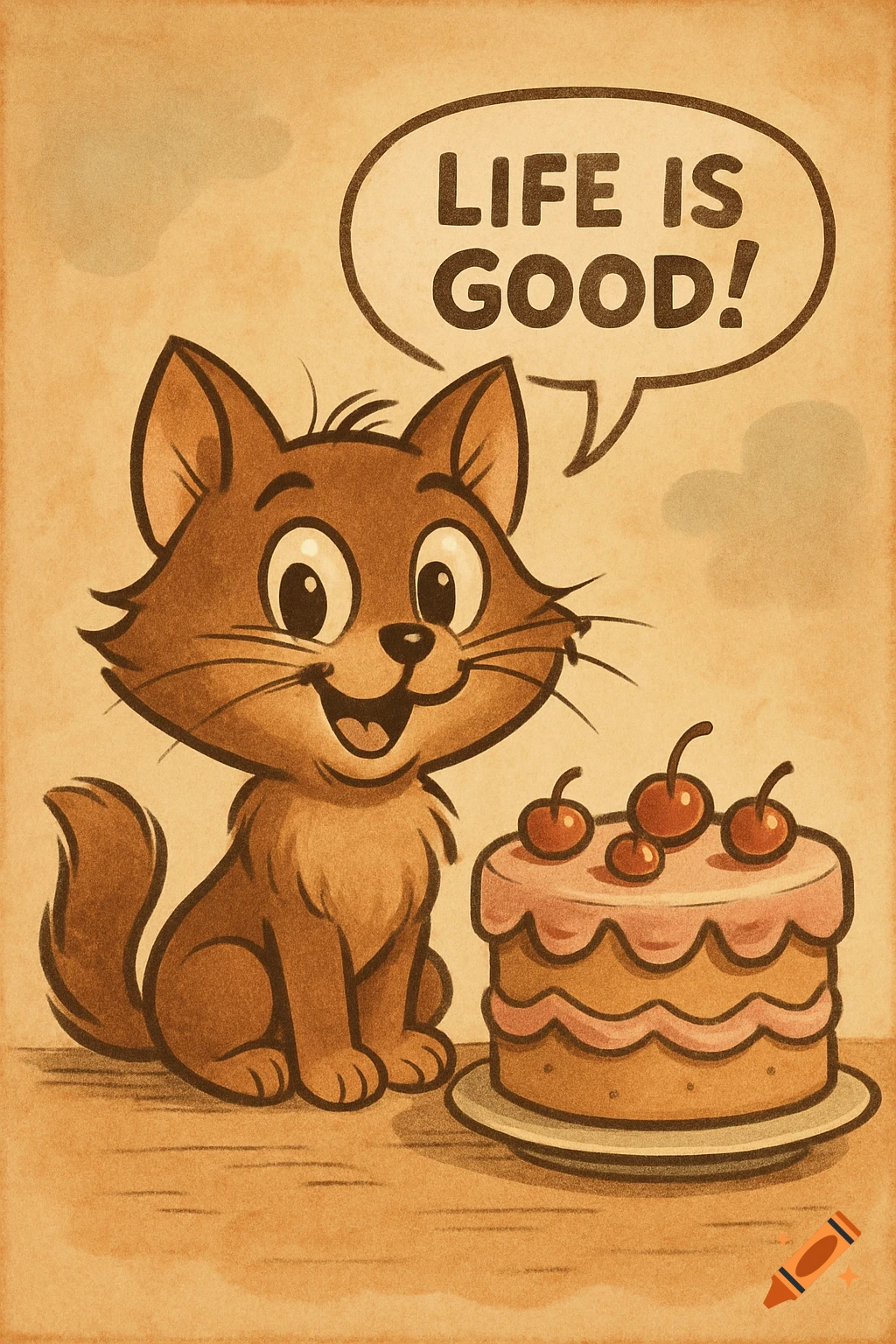 A smiling brown cartoon cat sits next to a cake with cherries, with a speech bubble saying "LIFE IS GOOD!" in a vintage art style.
