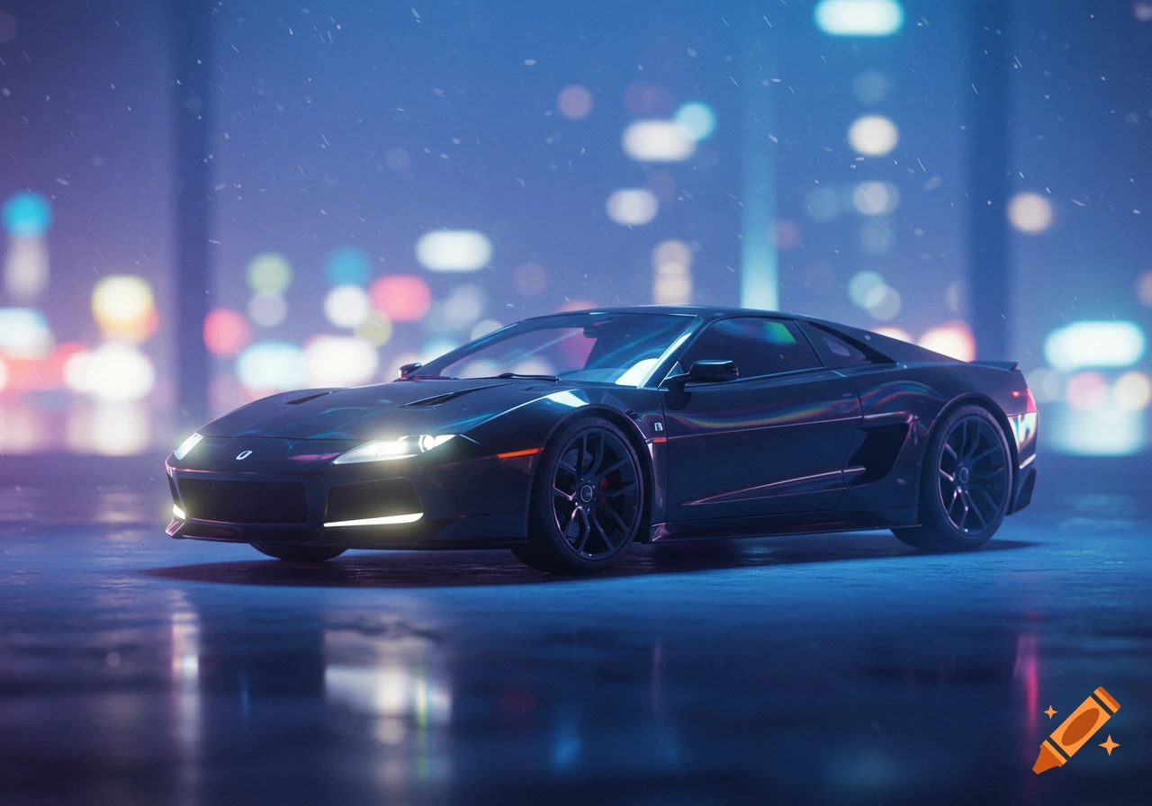 Sleek dark sports car with bright headlights on a wet city street at night, with blurry colorful lights in the background.