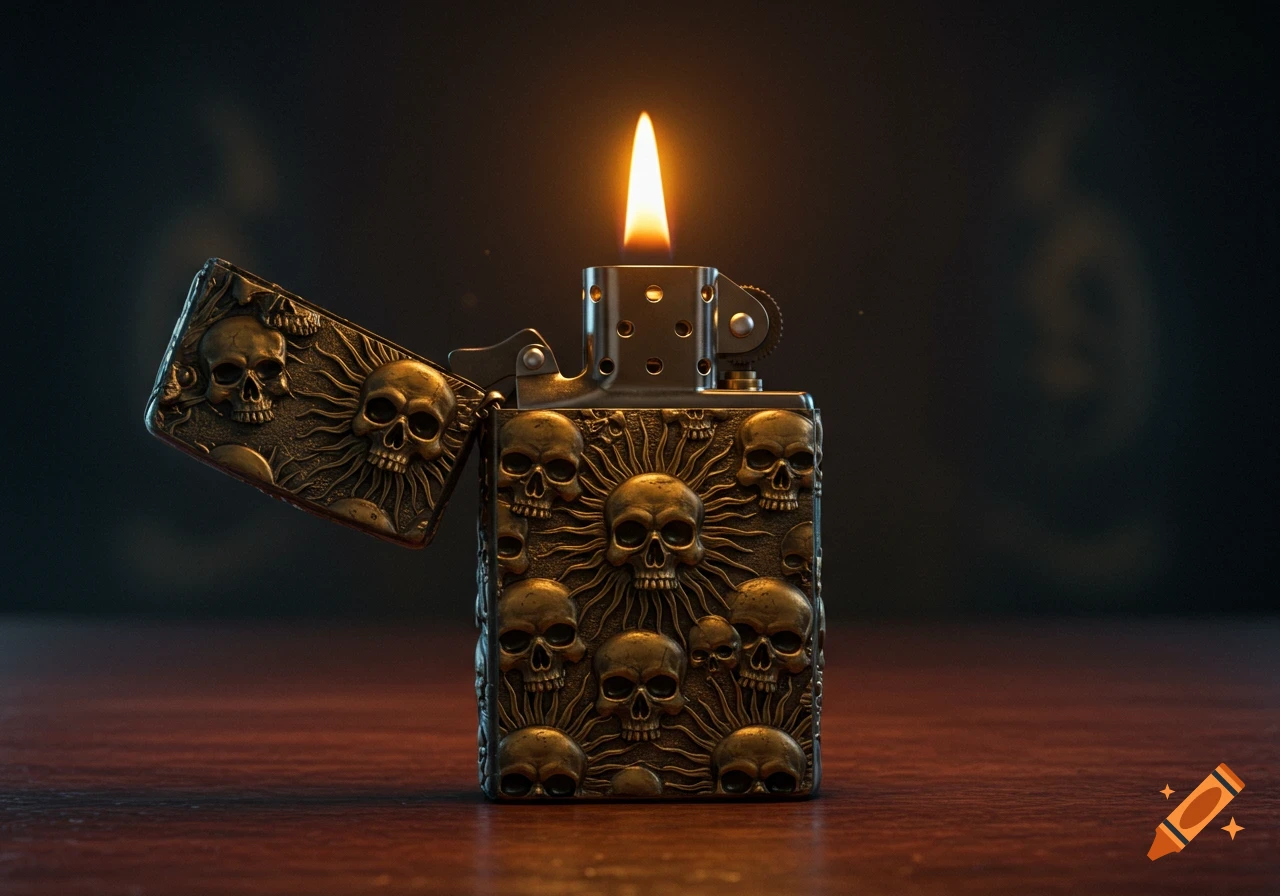 A close-up of an ornate Zippo-style lighter, adorned with brass skull and sun motifs, standing open with a lit flame on a dark wooden table.