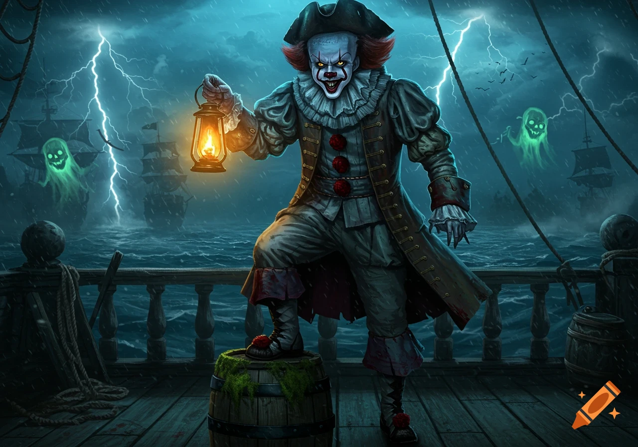 Pennywise the clown as a pirate stands on a barrel, holding a lantern on a stormy ship deck with ghost ships and lightning.