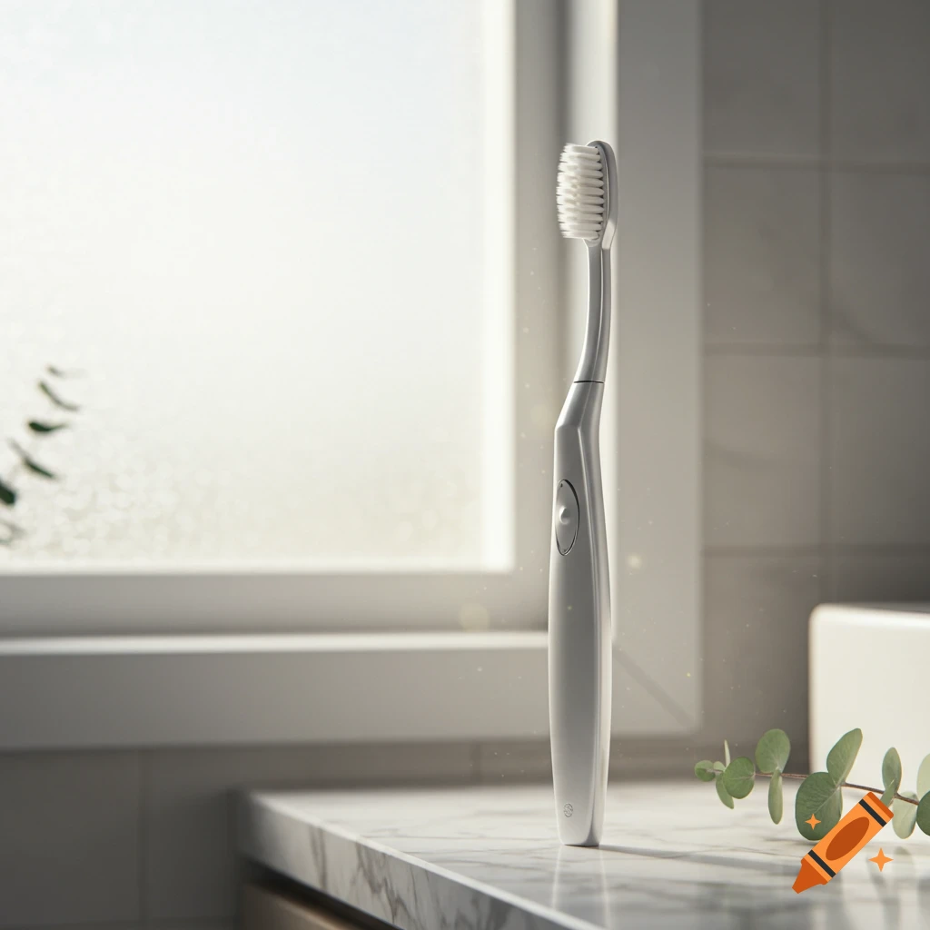 A white electric toothbrush stands upright on a marble countertop in a bright, sunlit bathroom with eucalyptus leaves.