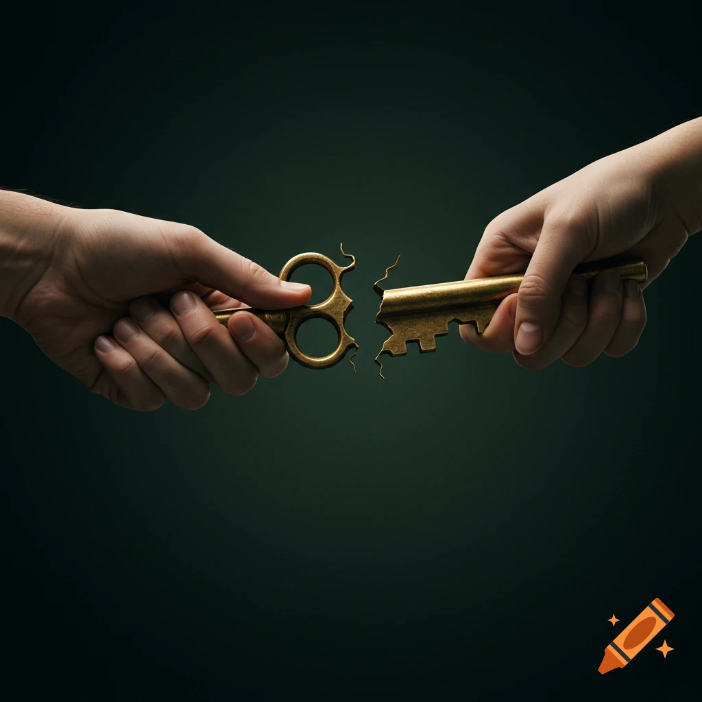 Two hands pull apart a broken brass key against a dark green background in a photorealistic style.
