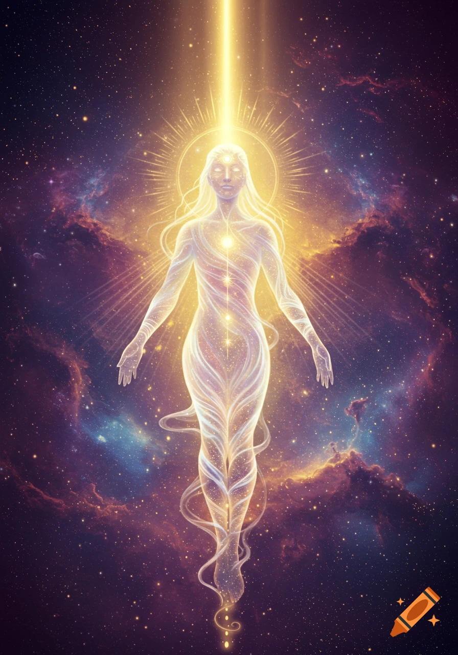 A glowing ethereal figure with light radiating from it, standing against a vibrant cosmic background of stars and nebulae.