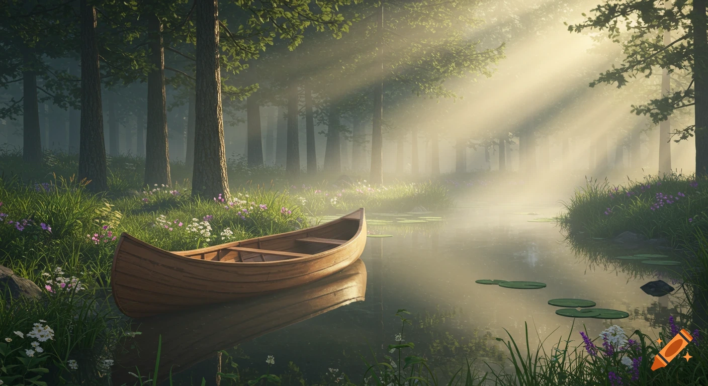A wooden canoe floats on a still pond in a misty forest with sun rays filtering through the trees.