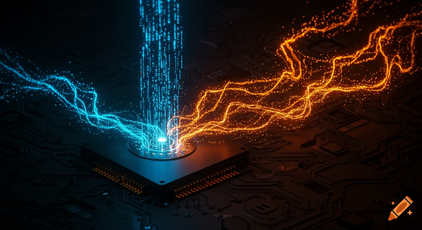 A futuristic digital hard drive with glowing blue and orange data streams flowing from it over a dark circuit board.