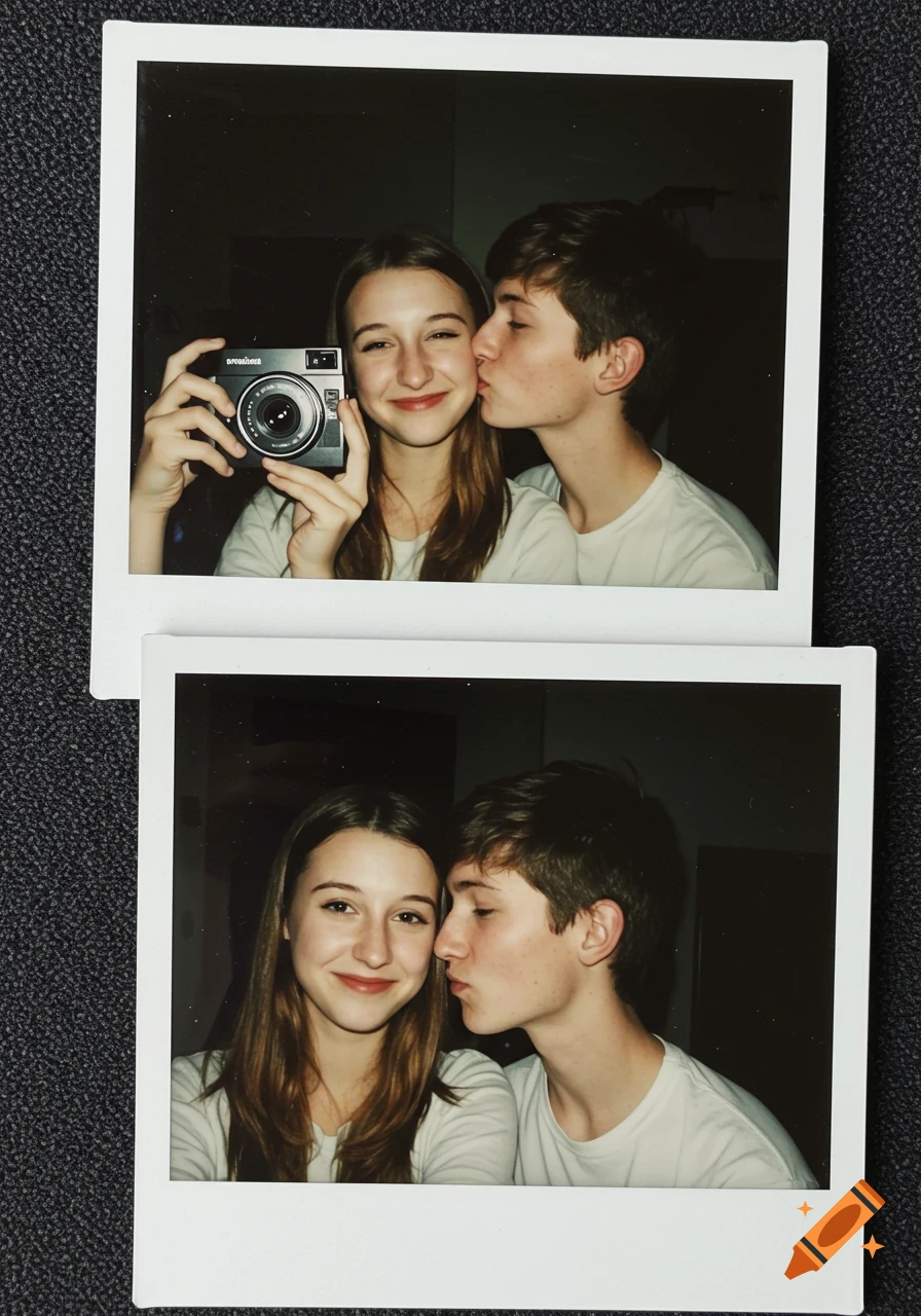 Two Polaroid photos showing a young couple. The top photo is a selfie of the girl holding a camera, with the boy kissing her cheek. The bottom photo shows the girl smiling, with the boy kissing her cheek.