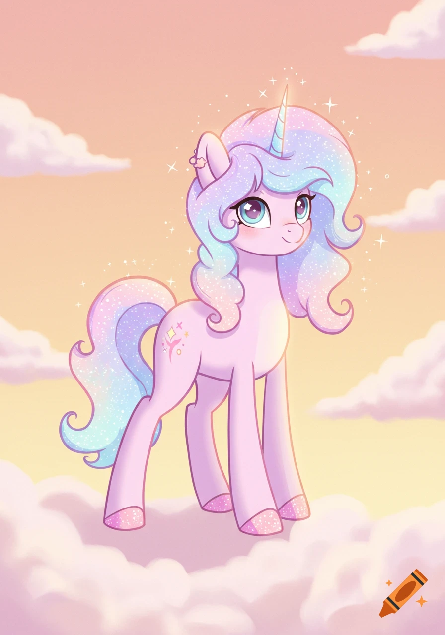 A cute pastel unicorn with a sparkling rainbow mane stands on pink clouds against a gradient sunset sky in a cartoon style.