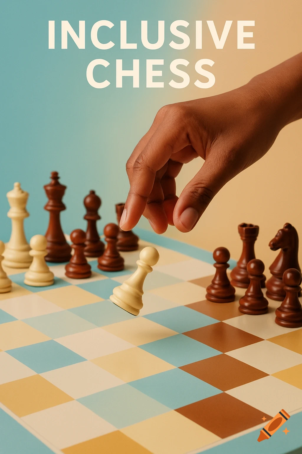 A hand moves a white pawn on a chessboard with cream, blue, yellow, and brown squares. Text reads 'INCLUSIVE CHESS'.