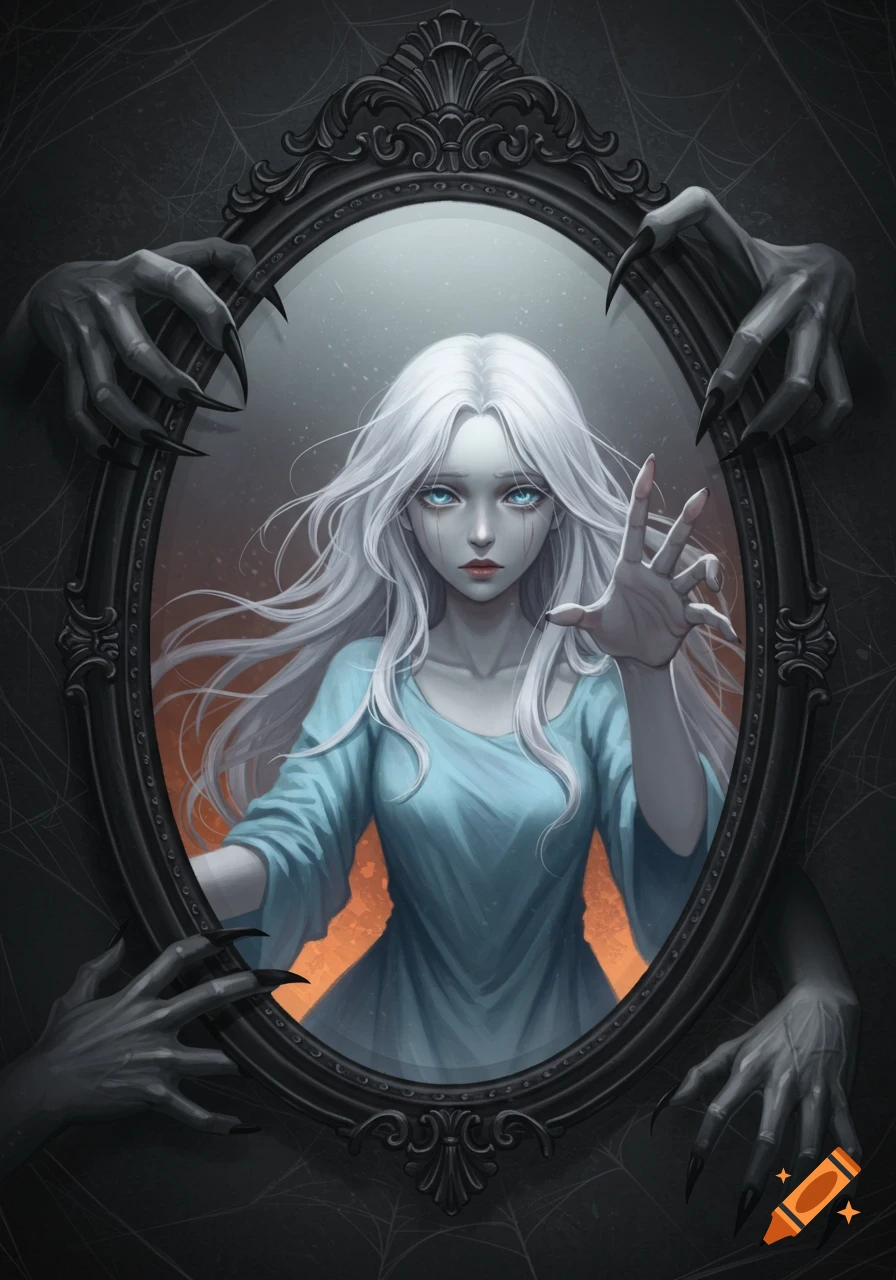 A white-haired woman in a blue dress reaches from an ornate mirror as dark, clawed hands grasp the frame, surrounded by spiderwebs, in a digital painting.