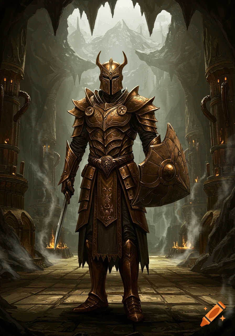 An armored fantasy warrior stands in dark, ancient cavern ruins, holding a sword and shield.