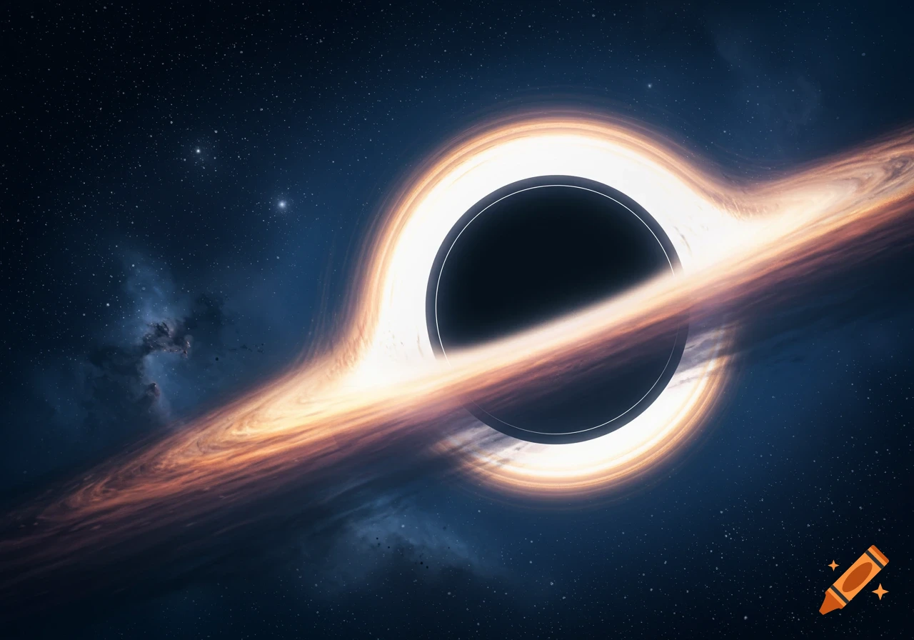 A vibrant black hole with a glowing orange and white accretion disk, surrounded by distant stars and cosmic dust in deep space.