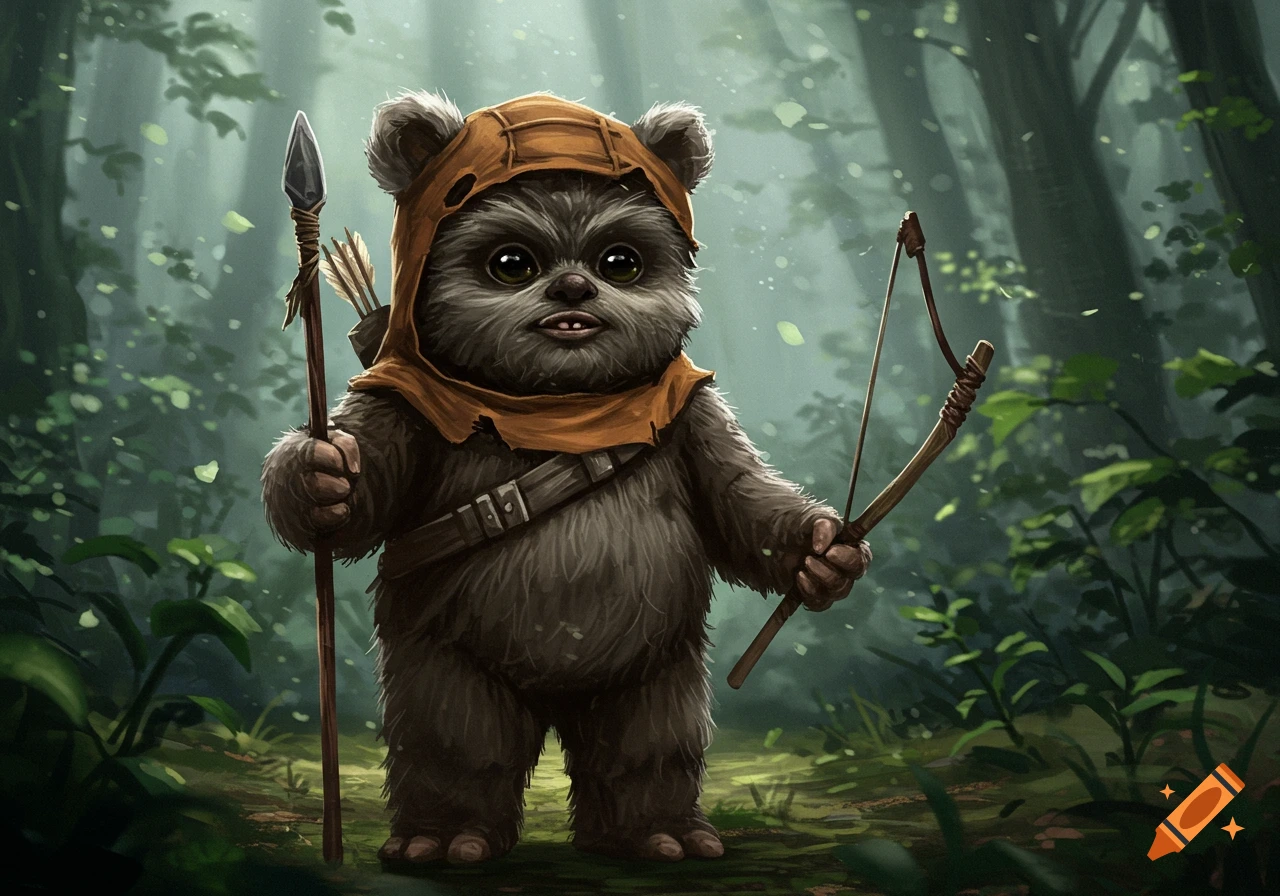 A cute, furry, Ewok-like creature with dark fur and big eyes, wearing an orange hood, stands in a forest holding a spear and a bow.