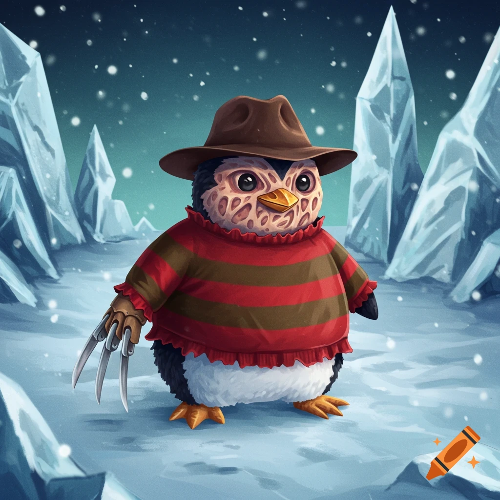 A cartoon penguin dressed as Freddy Krueger, featuring a burnt face, brown hat, striped sweater, and clawed glove, stands in a snowy arctic scene with ice.