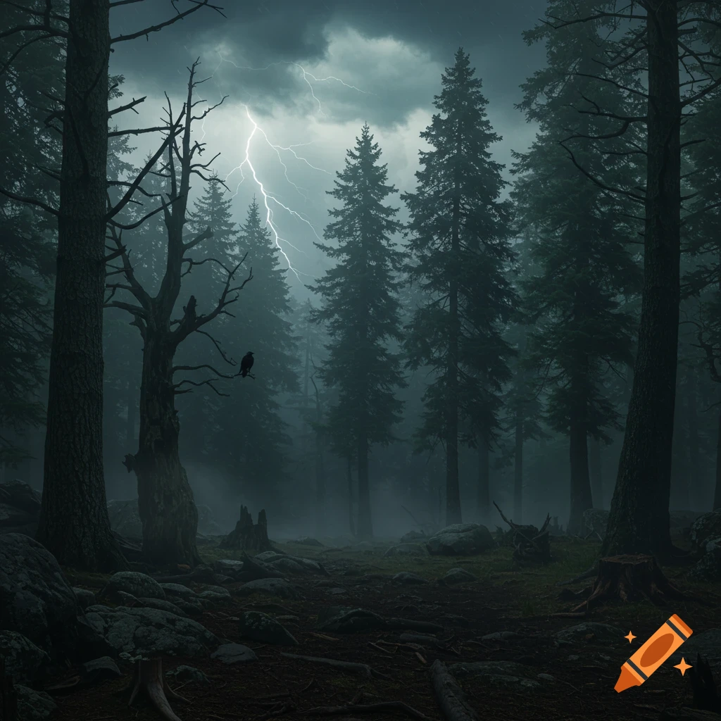 A dark, misty forest at night with a crow on a dead tree and lightning striking in the background.