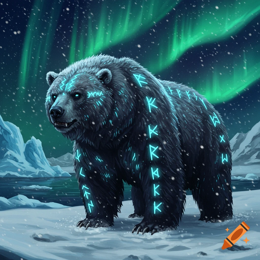 A dark, powerful bear with glowing blue runic symbols on its fur stands in a snowy tundra under green aurora borealis.