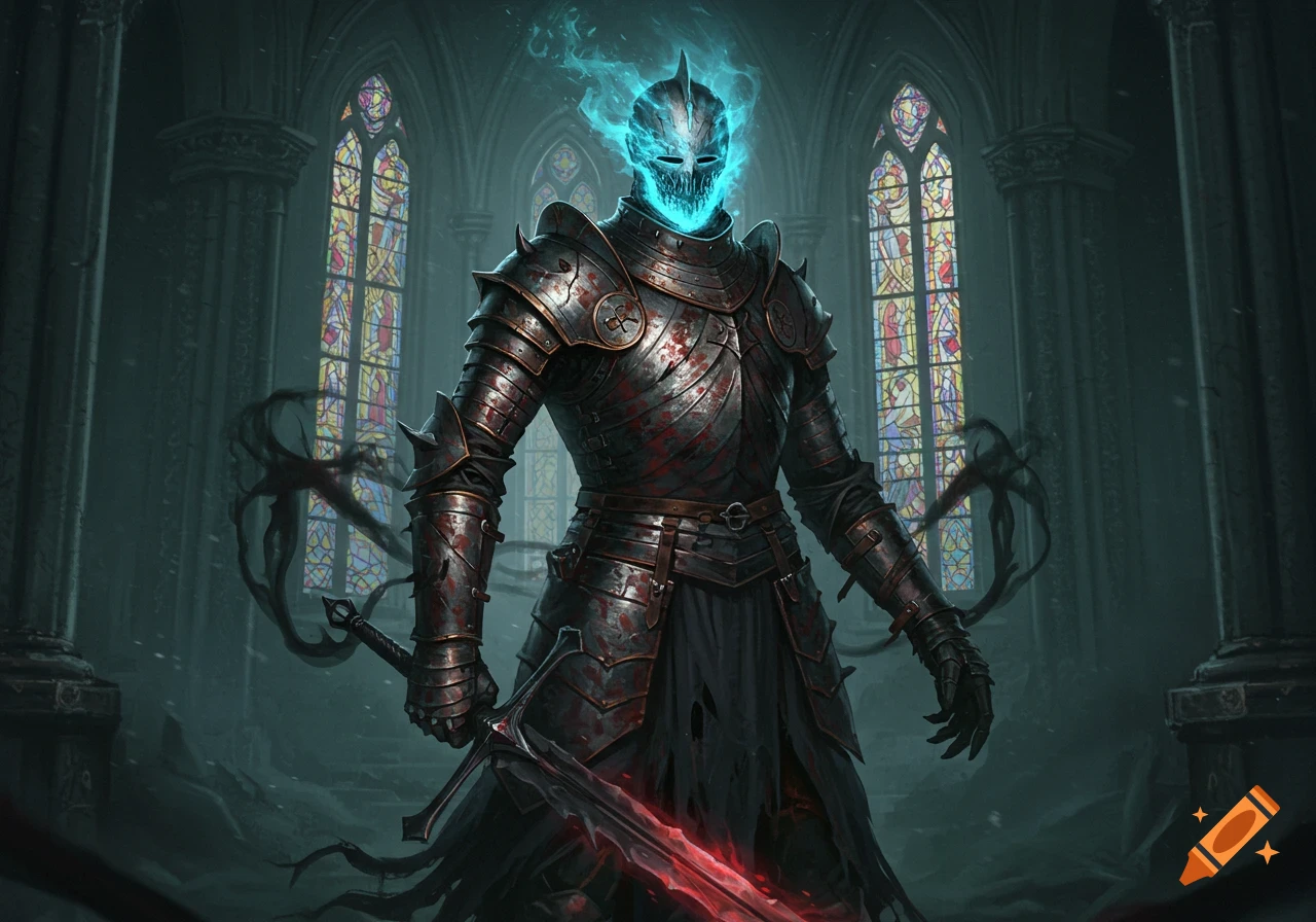 A corrupted knight with a glowing blue skull head and blood-stained armor stands in a dark gothic cathedral, holding a glowing red sword.