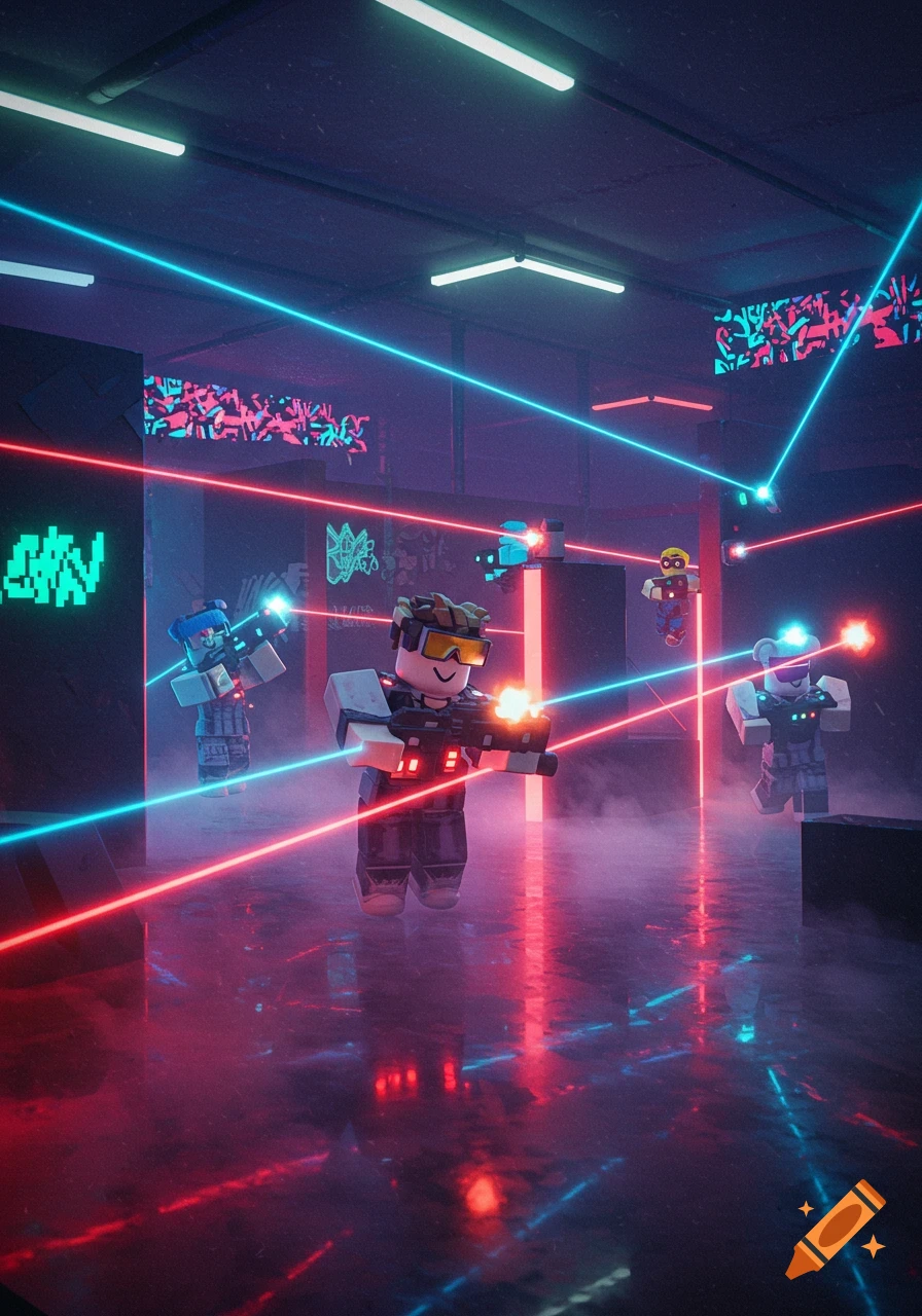 Roblox characters play laser tag in a neon-lit, smoky arena with red and blue lasers crisscrossing.