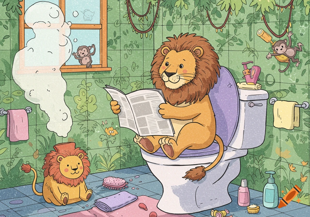 Whimsical children's illustration of a lion on a toilet reading a newspaper, a cub on the floor, and monkeys in a jungle bathroom.
