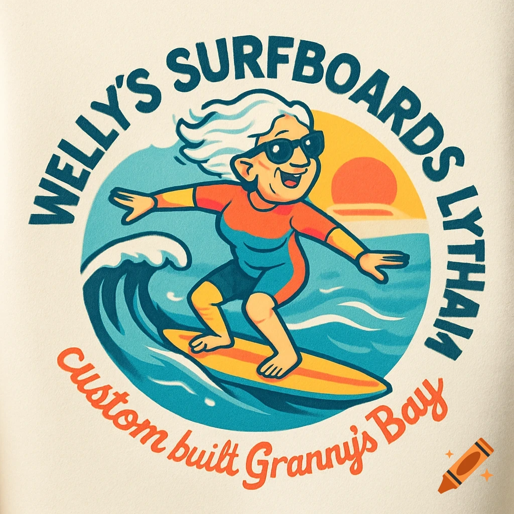 A circular logo featuring a cartoon grandma surfing on a wave, with text 'Welly's Surfboards Lytham' and 'custom built Granny's Bay' around it.
