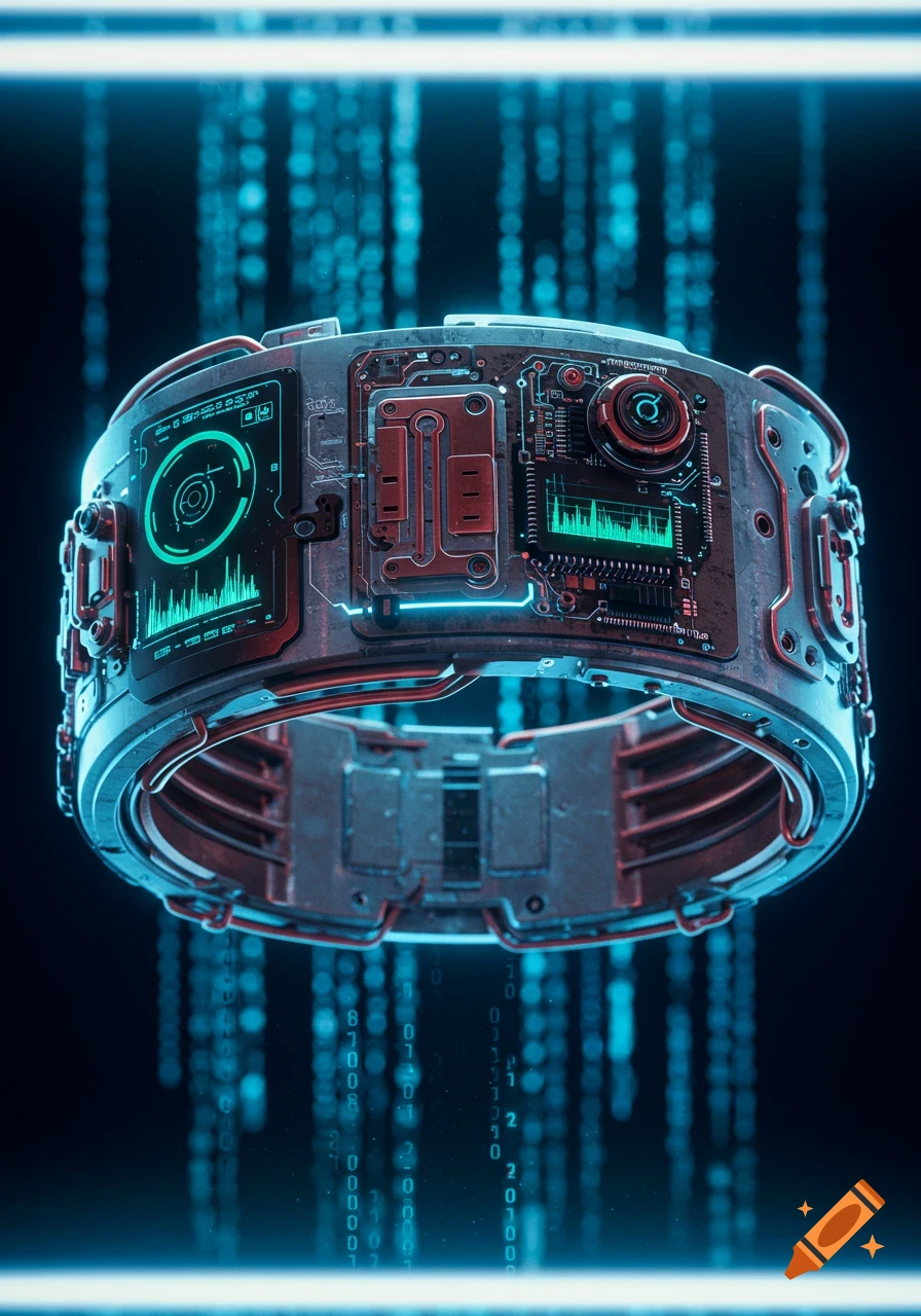 A detailed view of a futuristic, cybernetic device resembling a bracelet, adorned with intricate circuitry, glowing blue and green screens displaying data, against a background of falling digital code.
