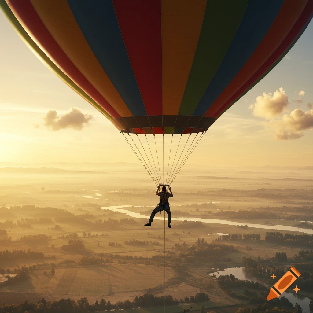 A person hanging from a colorful hot air balloon high above a misty, river-filled landscape at sunrise.