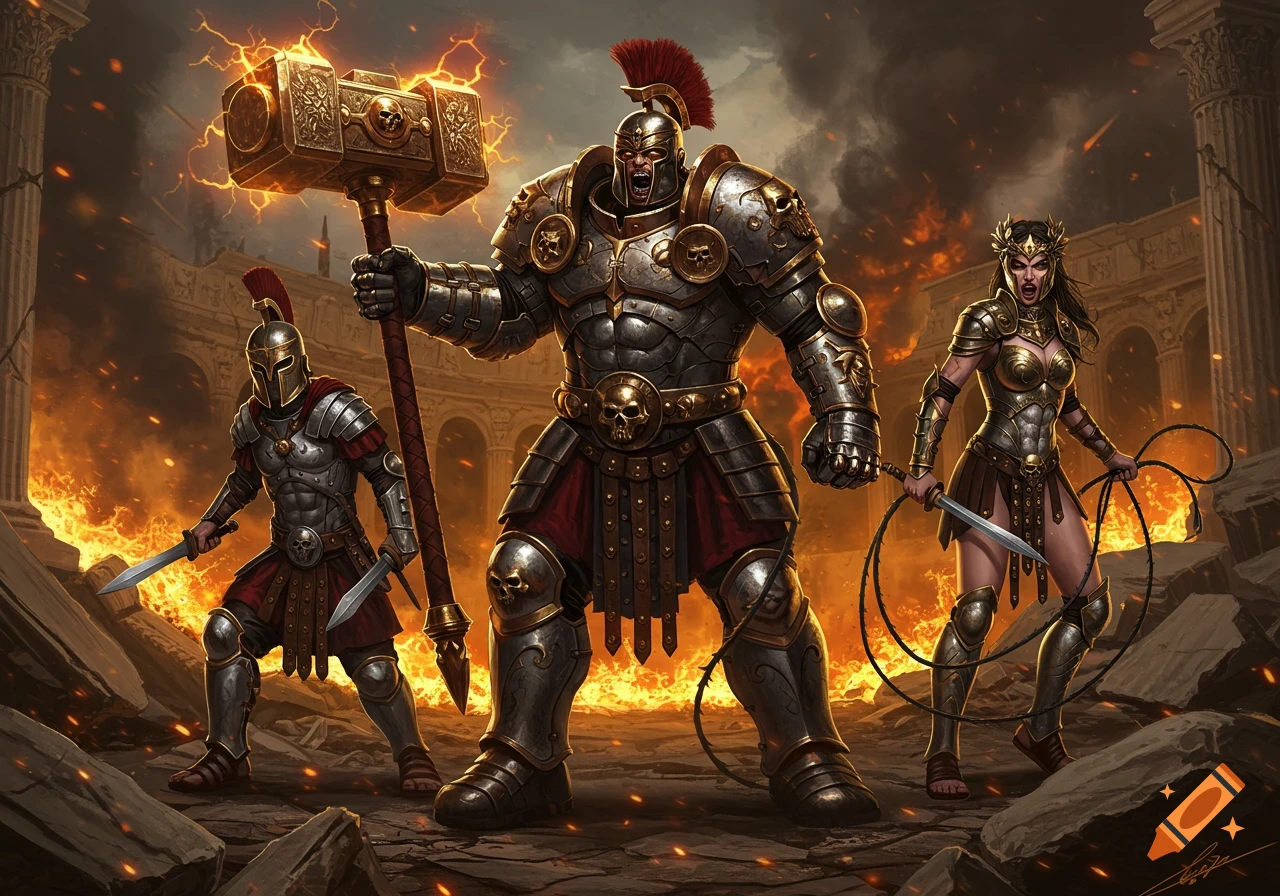 Three Roman-themed warriors, one giant with a flaming hammer, another with two swords, and a woman with a whip, stand amidst a fiery, ruined coliseum.