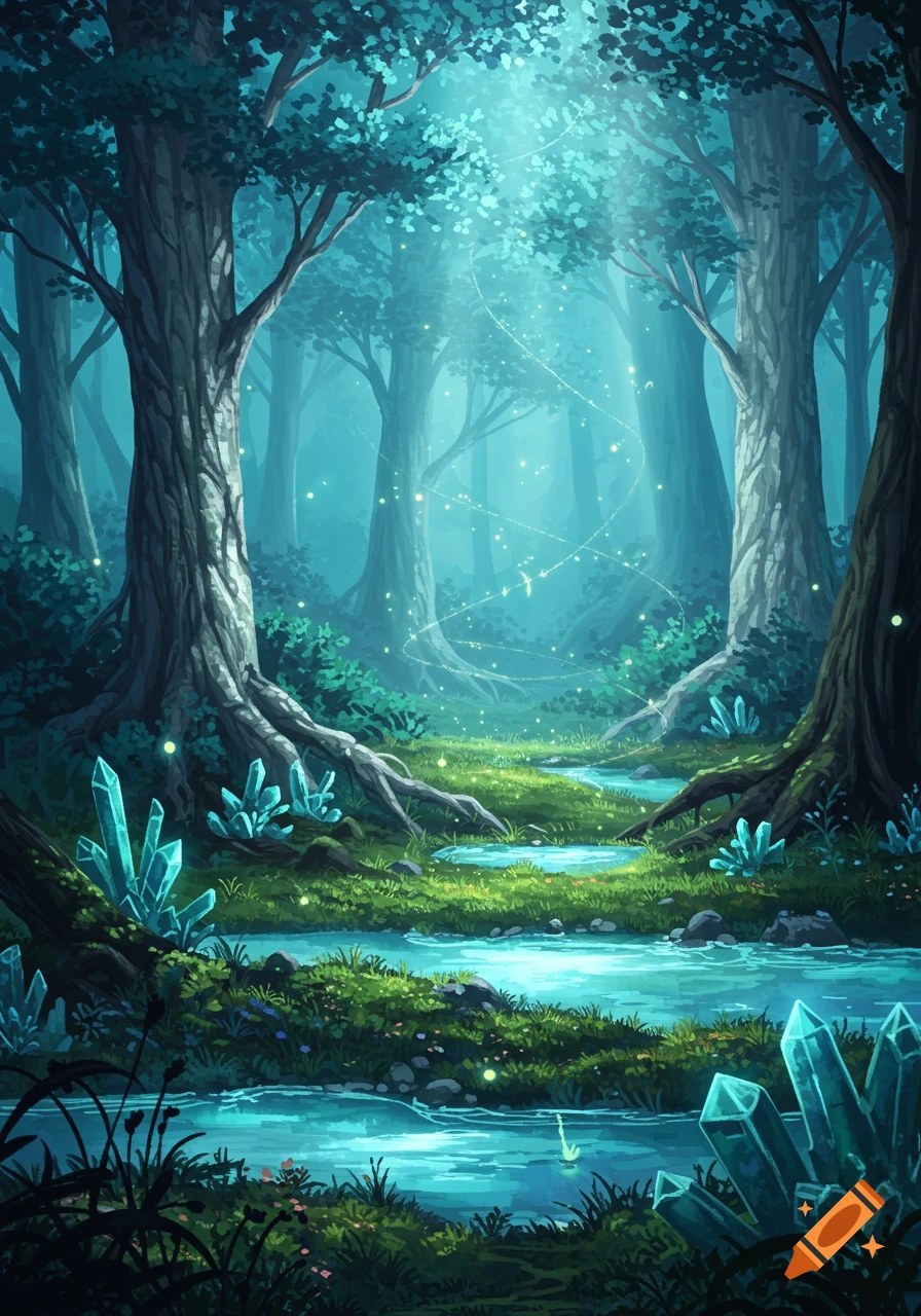 A mystical fantasy forest with glowing blue crystals, a winding river, and tall trees under a hazy, ethereal light.