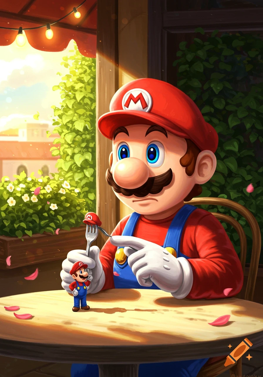 Cartoon Mario sits at an outdoor cafe table, holding a fork with a tiny Mario figure. Sunny background with green foliage.