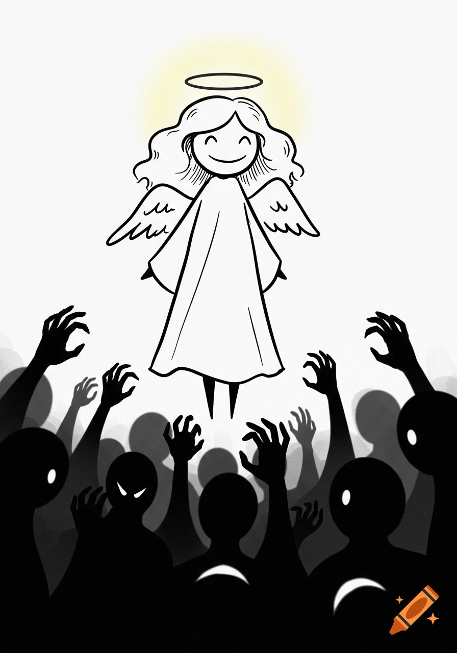 A smiling, simple stick-figure angel with a glowing halo floats above dark, shadowy figures reaching up, in a black and white illustration.