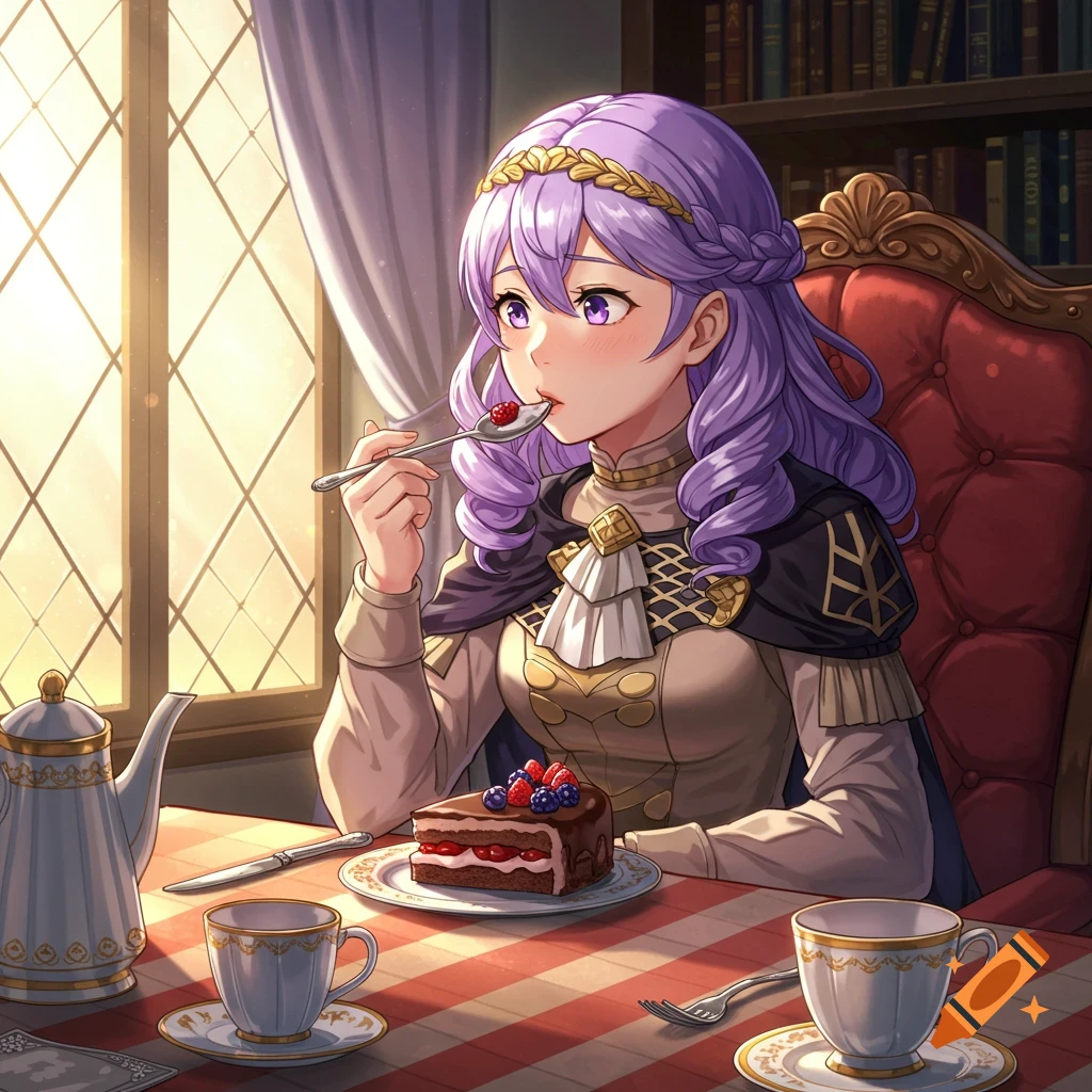 Purple-haired anime girl Bernadetta eats cake and drinks tea by a sunlit window, anime style.