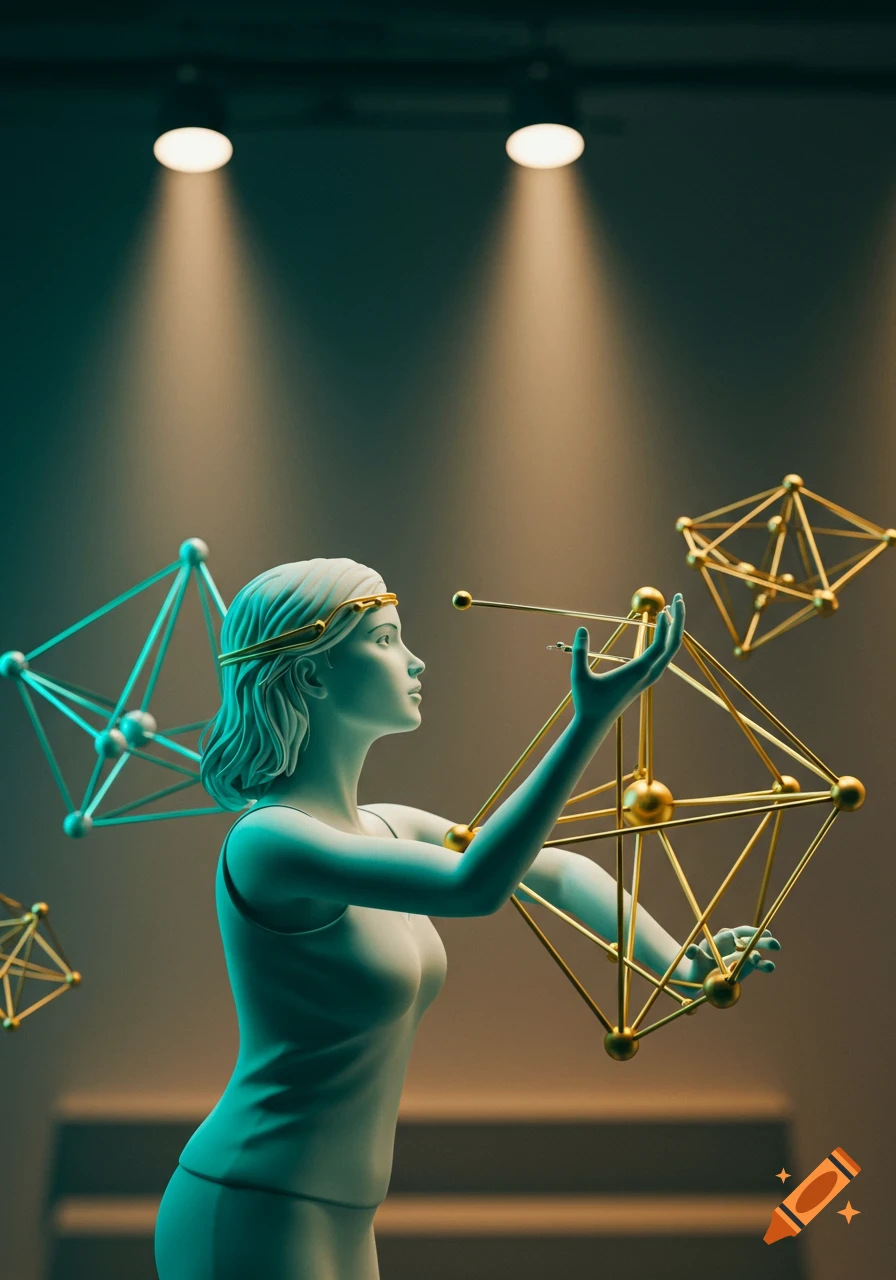 Stylized woman manipulates luminous gold geometric frameworks, bathed in teal-gold spotlights, in a conceptual art style.