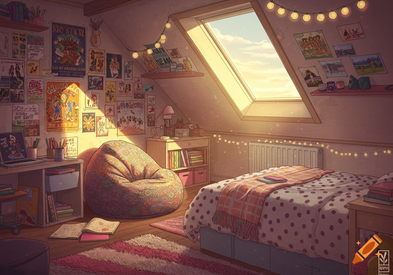 Cozy, warmly lit attic bedroom with a bean bag chair, bed, desk, string lights, and numerous posters on the walls. Illustration style.