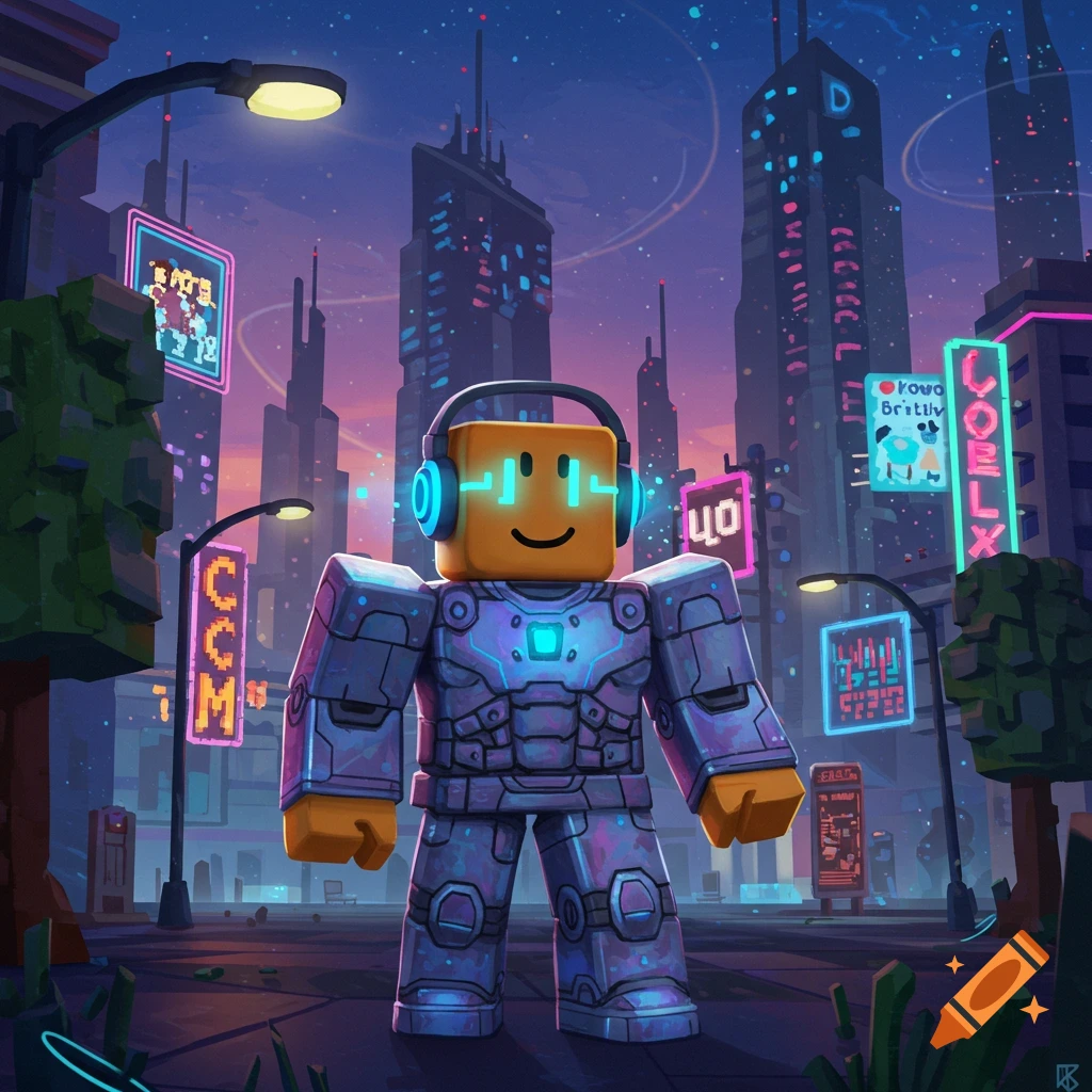 A Roblox character in futuristic armor and headphones stands in a neon-lit cyberpunk city at dusk, with towering skyscrapers and glowing signs.