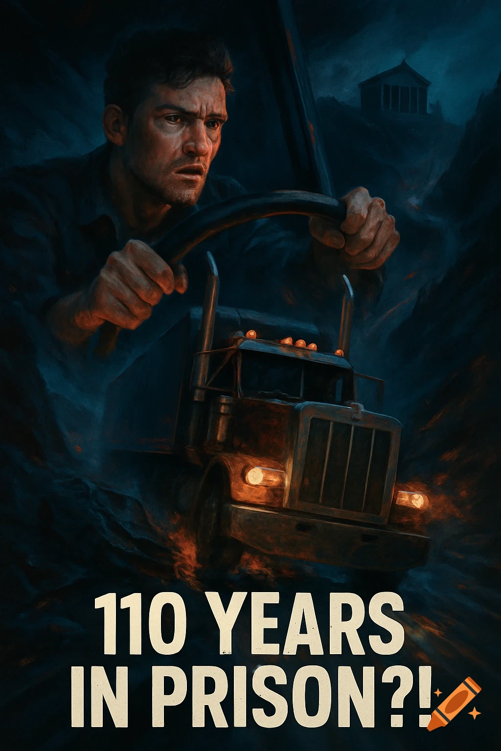 A distressed man driving a large truck in a dark, stormy, cinematic scene, with text '110 YEARS IN PRISON?!' below.