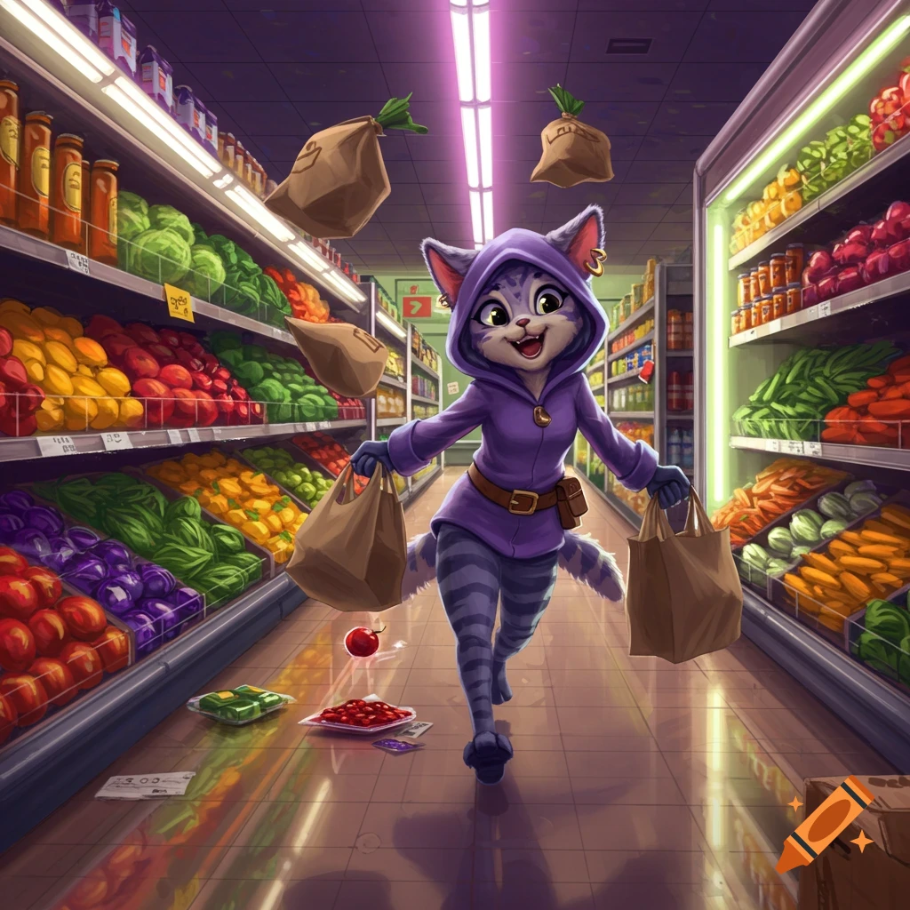 A smiling, purple-hooded cat character in a grocery store aisle, carrying brown shopping bags, with floating produce sacks and spilled items.