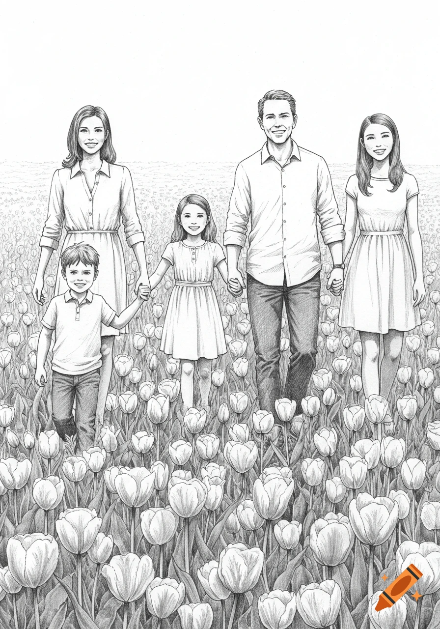 A black and white pencil drawing of a family of five holding hands and walking through a field of tulips.
