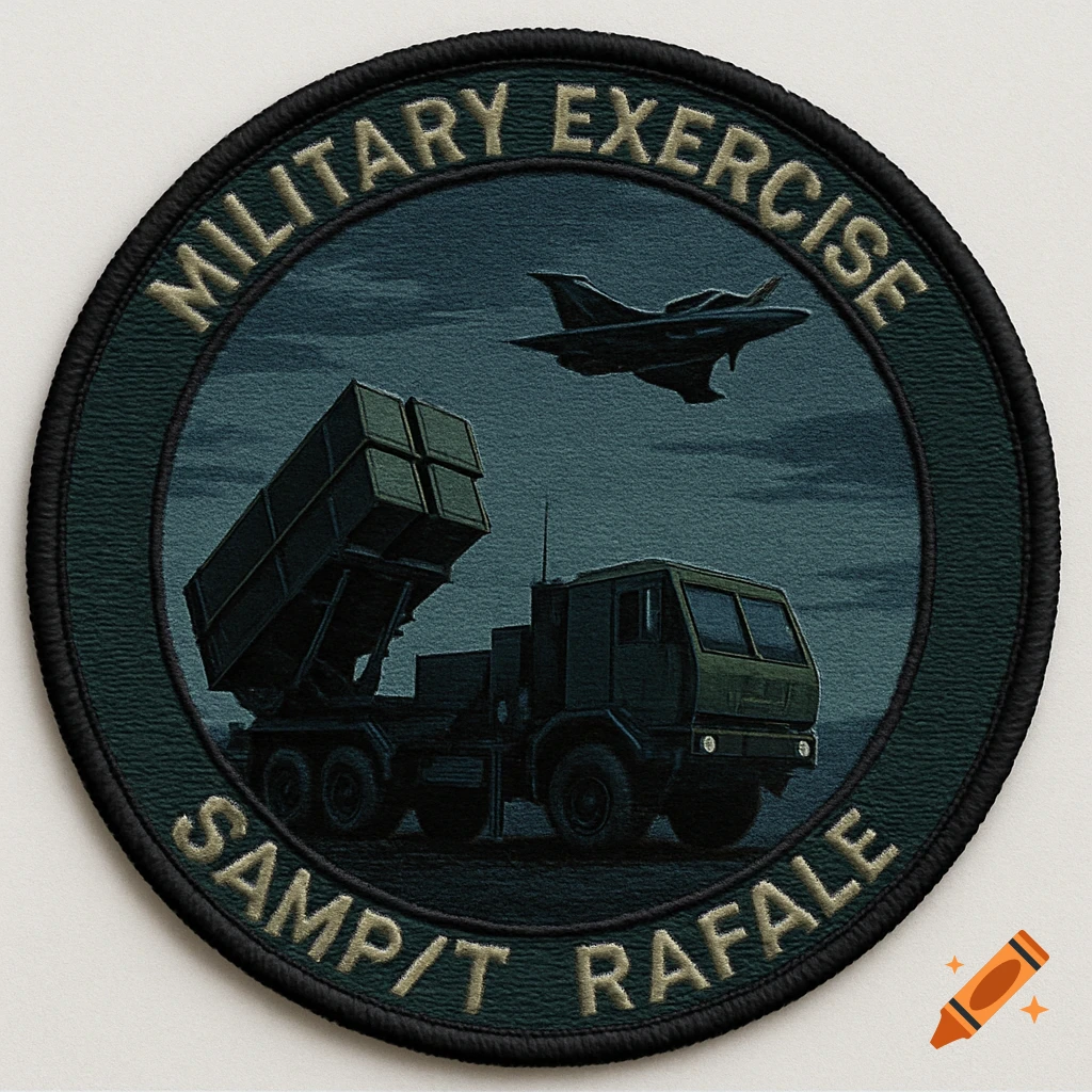 An embroidered circular military patch featuring a dark green SAMPT missile launcher truck and a Rafale fighter jet under a dark blue sky.