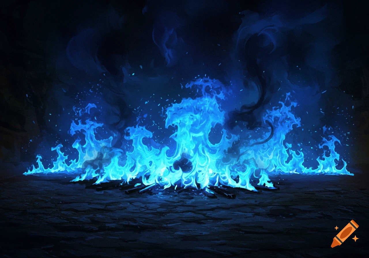 Vibrant blue flames burn on dark ground, with wisps of smoke rising into a dark background.