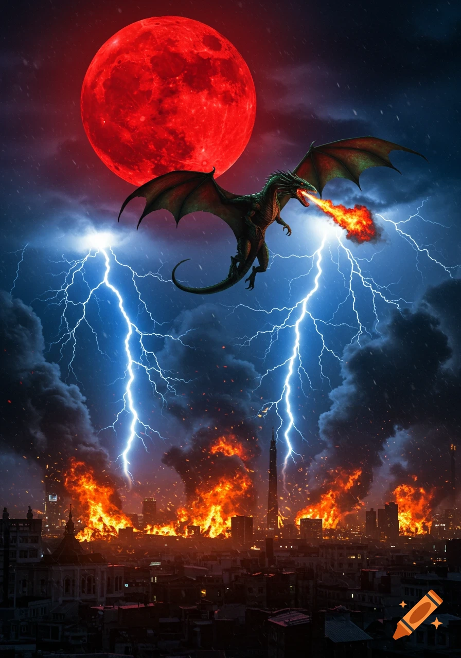 A large green dragon flies under a blood-red full moon, breathing fire on a burning city as lightning strikes.