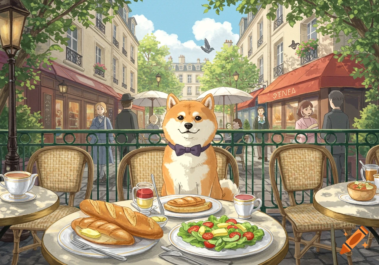 A smiling Shiba dog in a bow tie dines like a human at an outdoor Parisian cafe with baguettes and salad, in Miyazaki style.