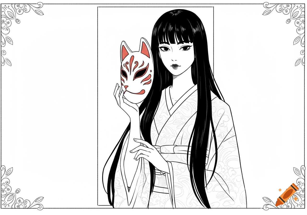 Line art of a Japanese woman in a kimono holding a white and red kitsune mask, framed by delicate patterns.
