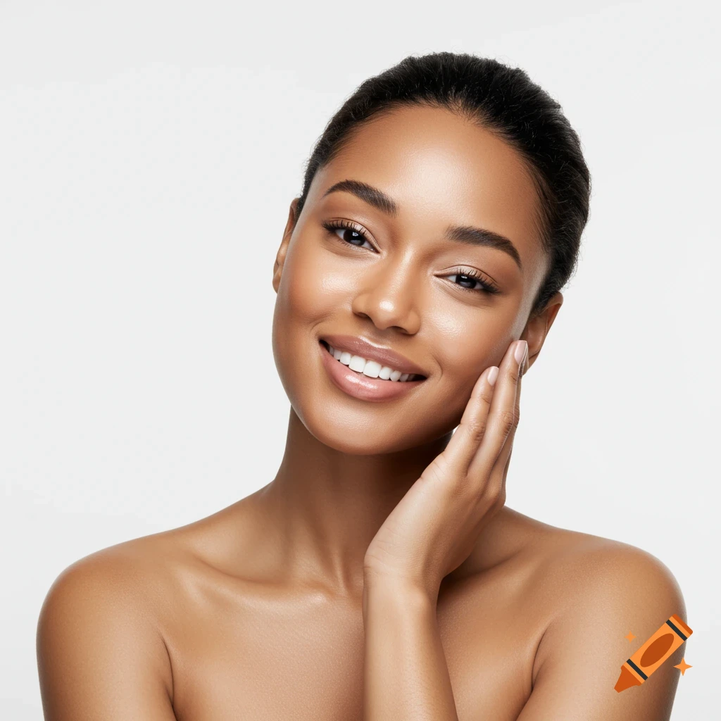 Photorealistic portrait of a young woman with glowing skin, smiling and gently touching her cheek.