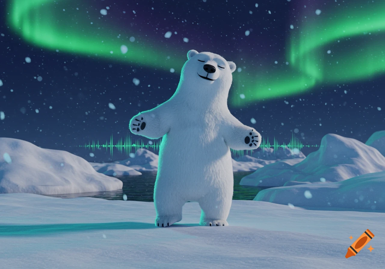 A happy cartoon polar bear stands in a snowy arctic landscape under green aurora borealis and falling snow.