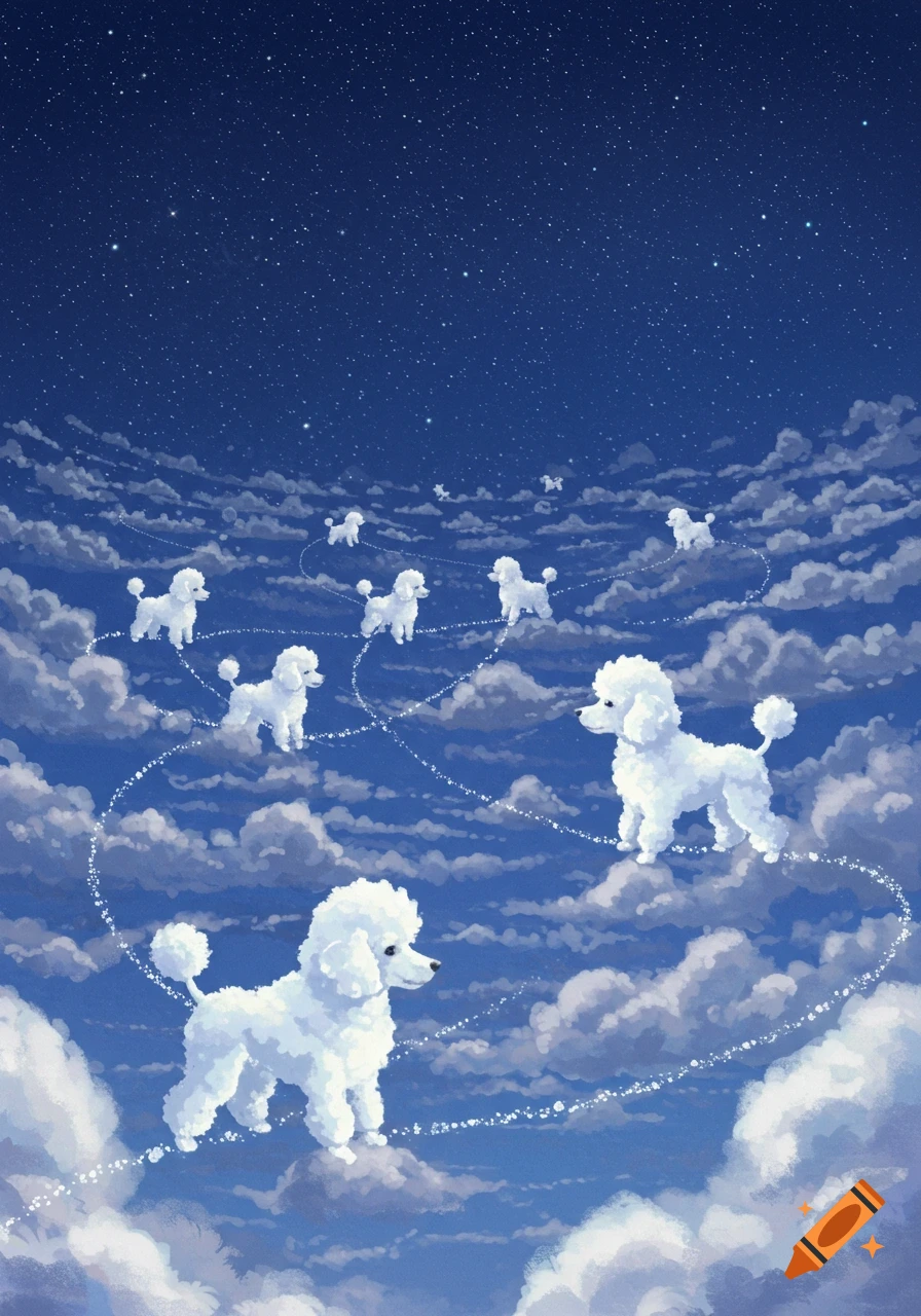 Cloud poodles with sparkling trails fly through a starry night sky above more clouds, in an illustrative style.